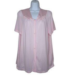 Vintage Vanity Fair Pink Nylon Short Sleeve Pajama Top Laced Trim Button Front L